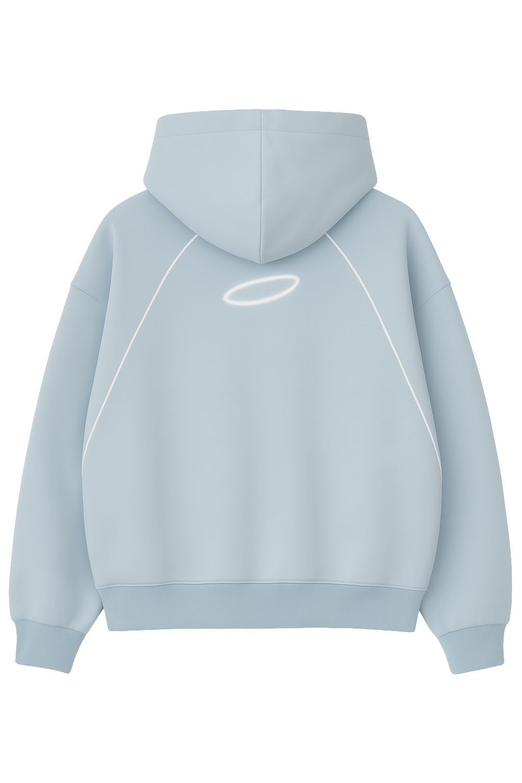 Light blue hoodie with a logo on the back against a white background