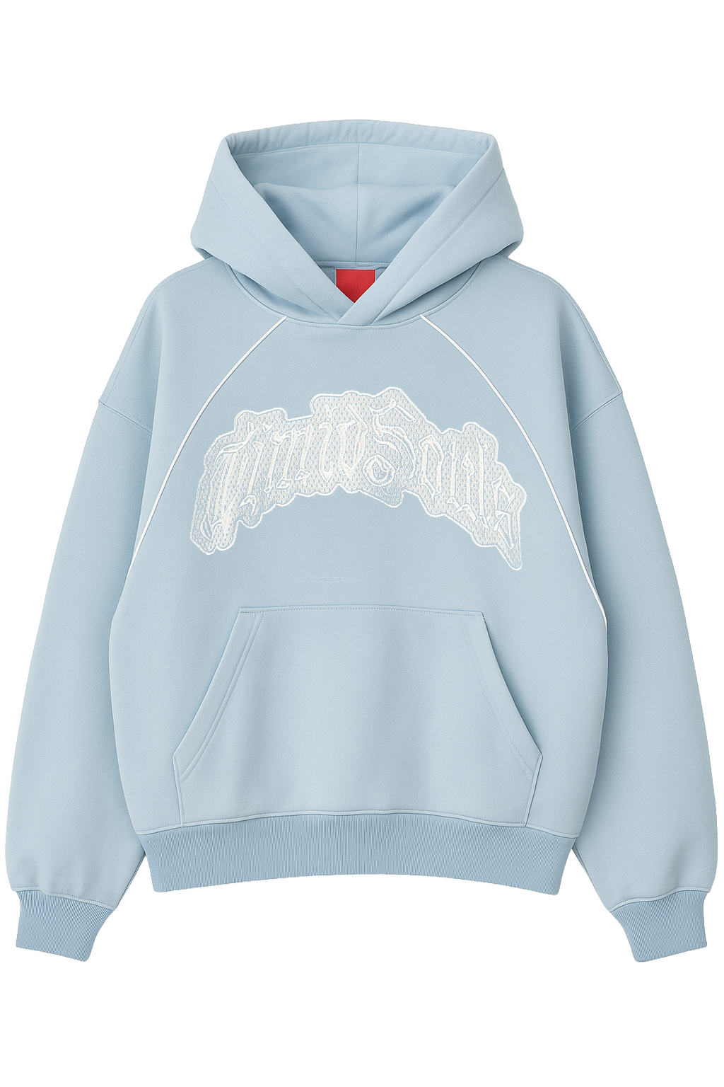 Light blue hoodie with a white graphic design on a white background