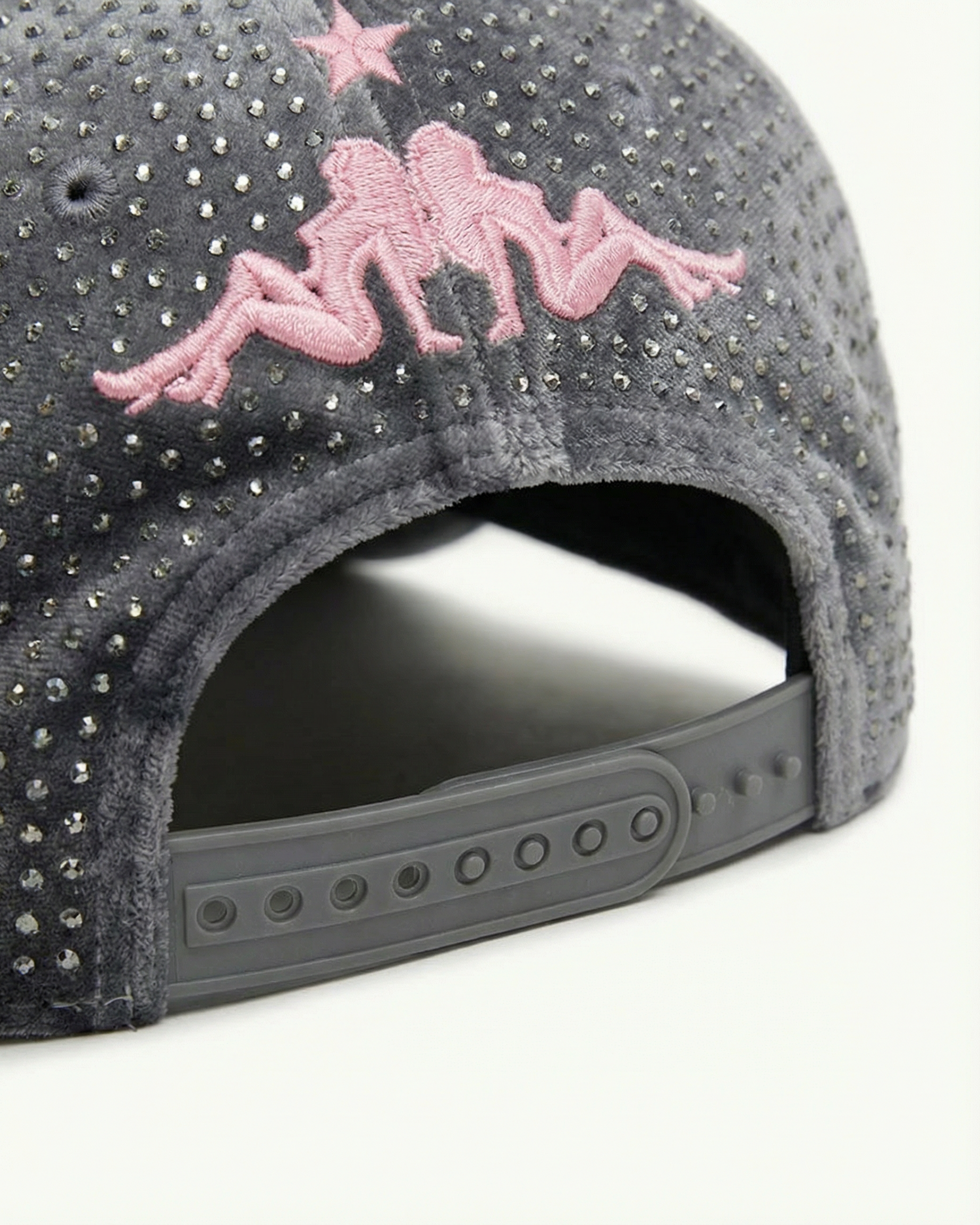 Gray cap with pink embroidered design and rhinestone embellishments on a white background