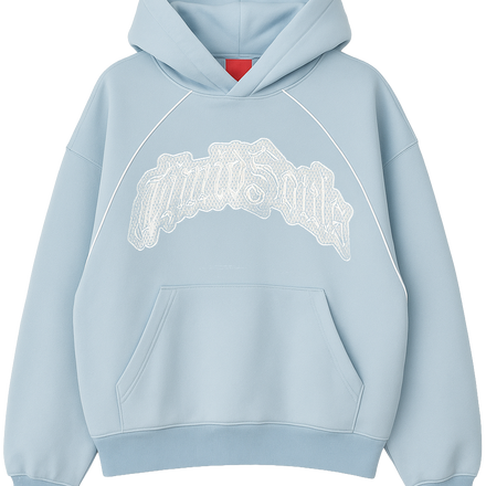 Light blue hoodie with a white graphic design on a white background