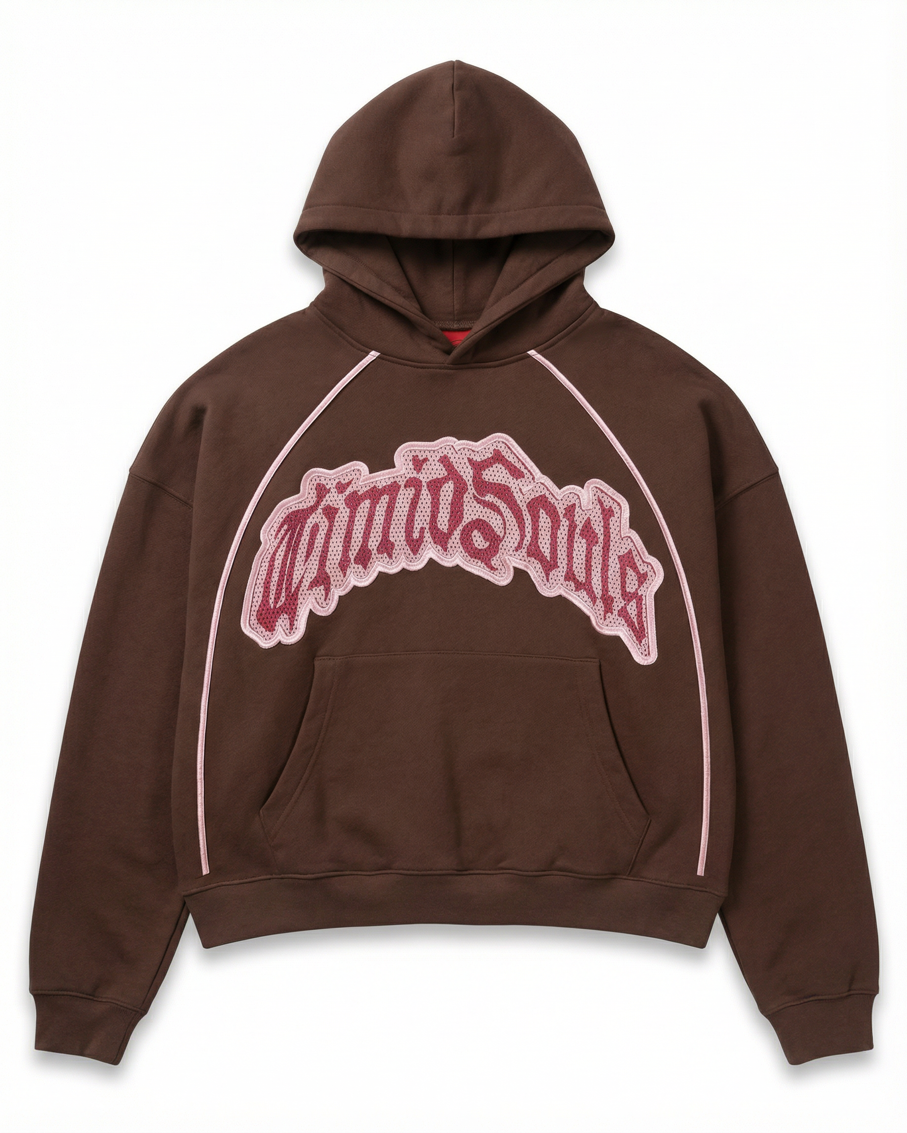 Brown hoodie with pink and white text on a white background