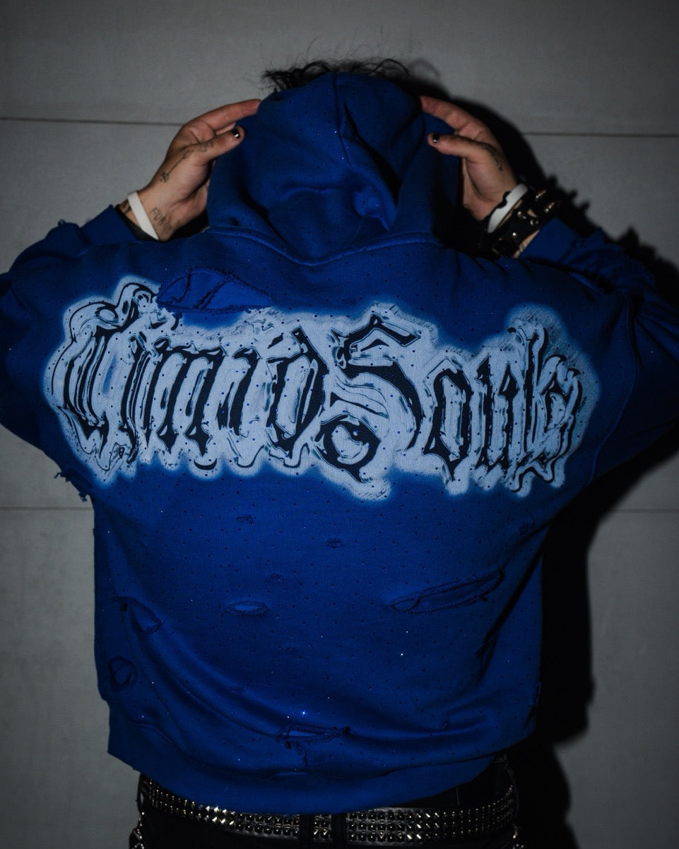Blue hoodie with 'ClandSoul' text on a plain background