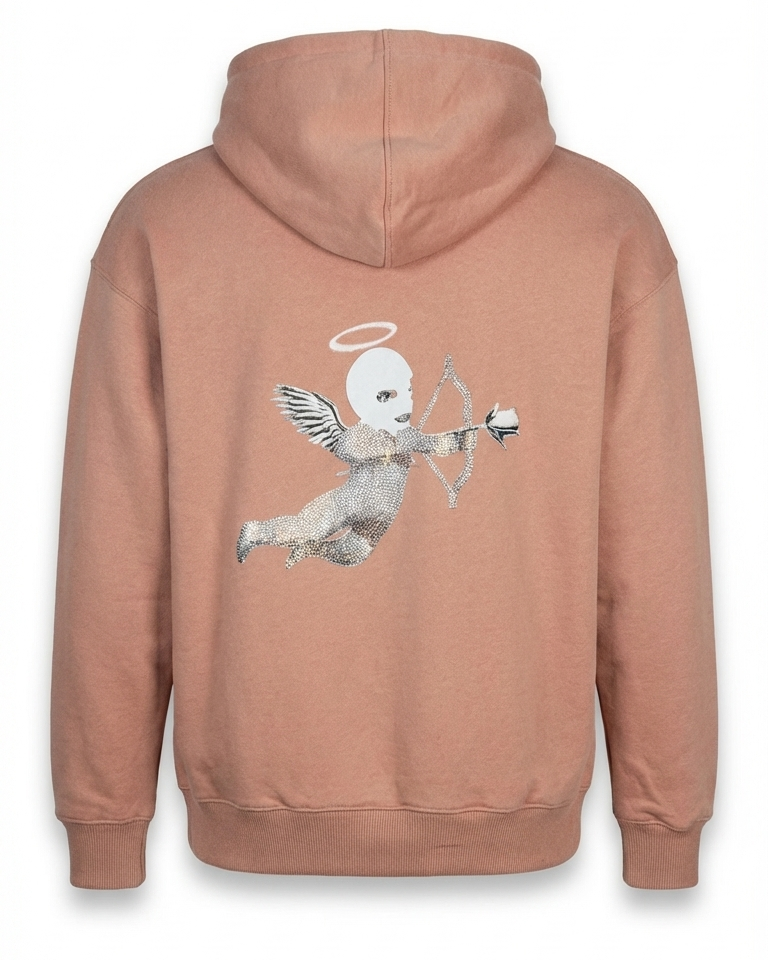 pink hoodie with a graphic design on the back against a white background