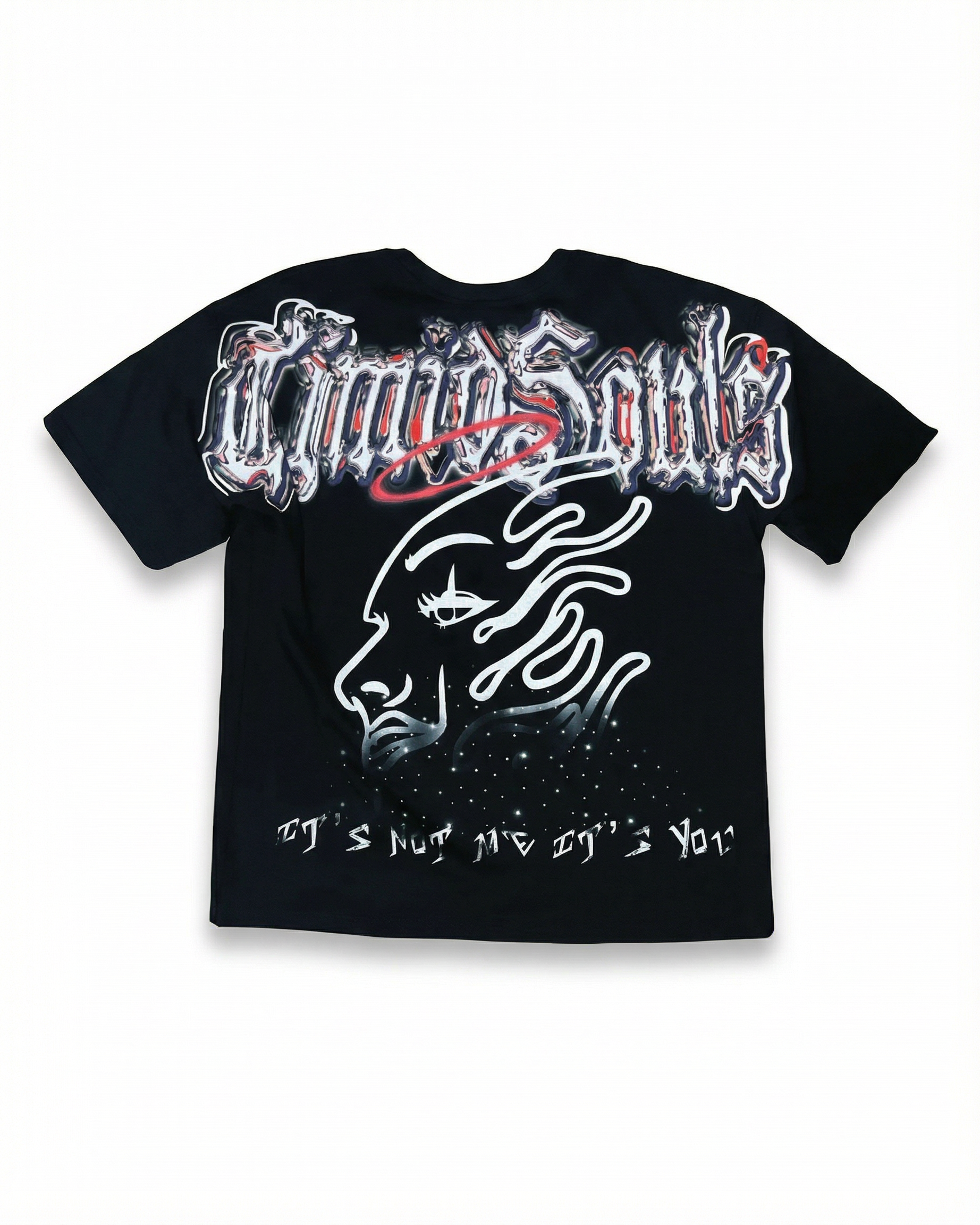 Black t-shirt with graphic design and text on a white background