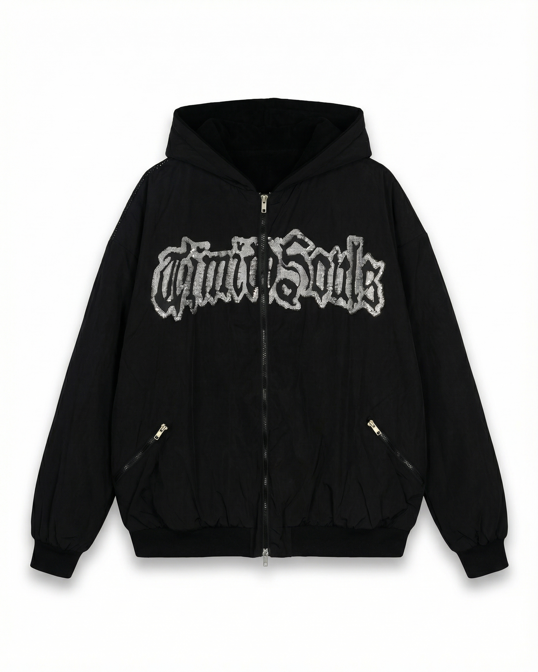 Black hoodie with white text on a white background