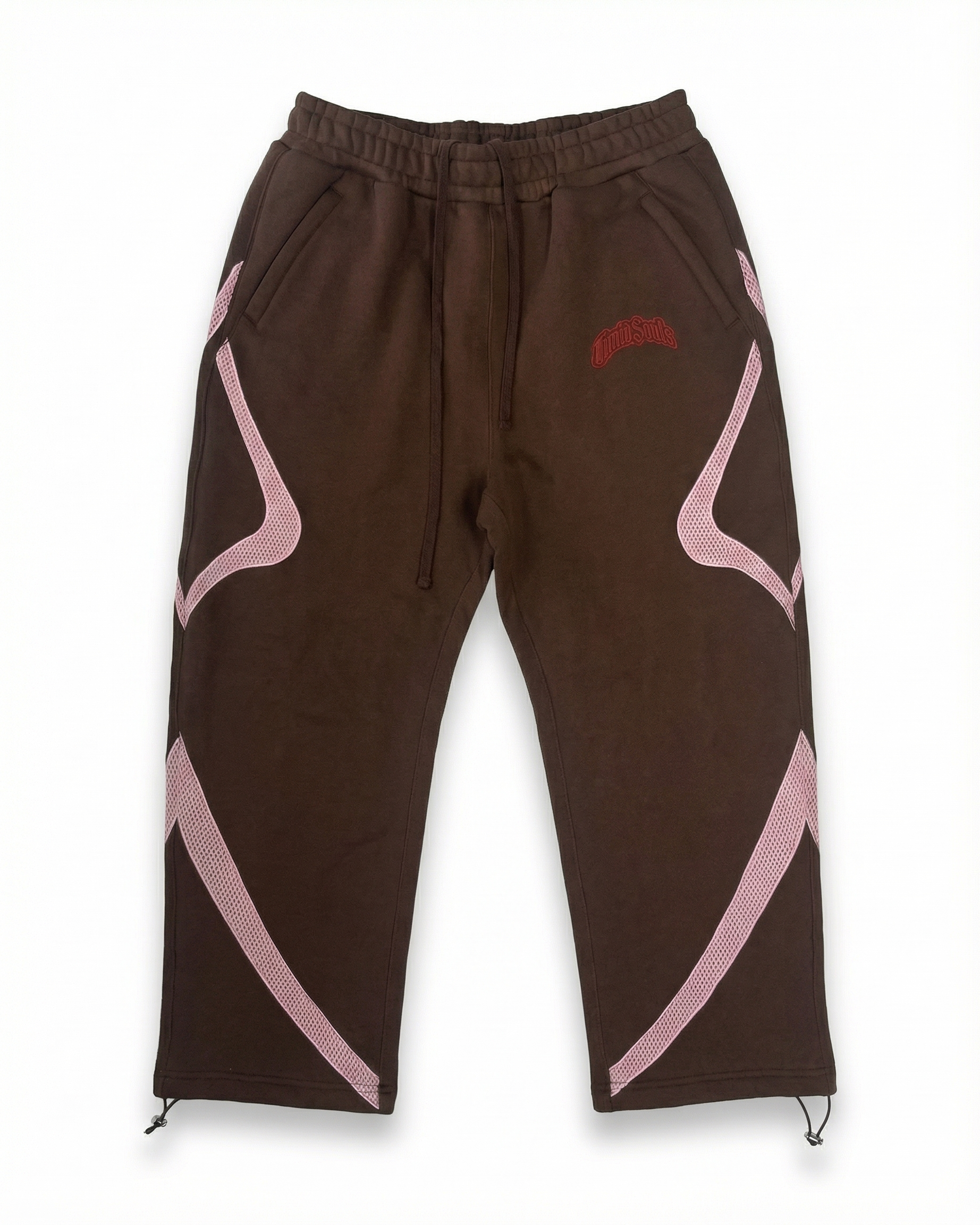 Brown pants with pink geometric designs on a white background