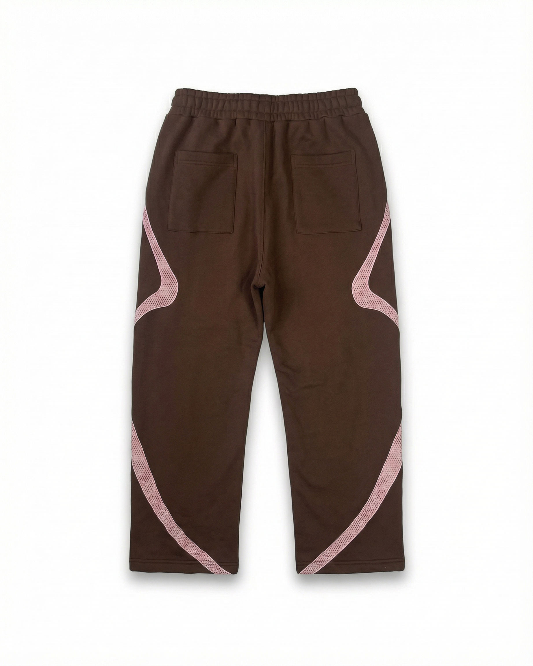 Brown pants with pink geometric designs on a white background