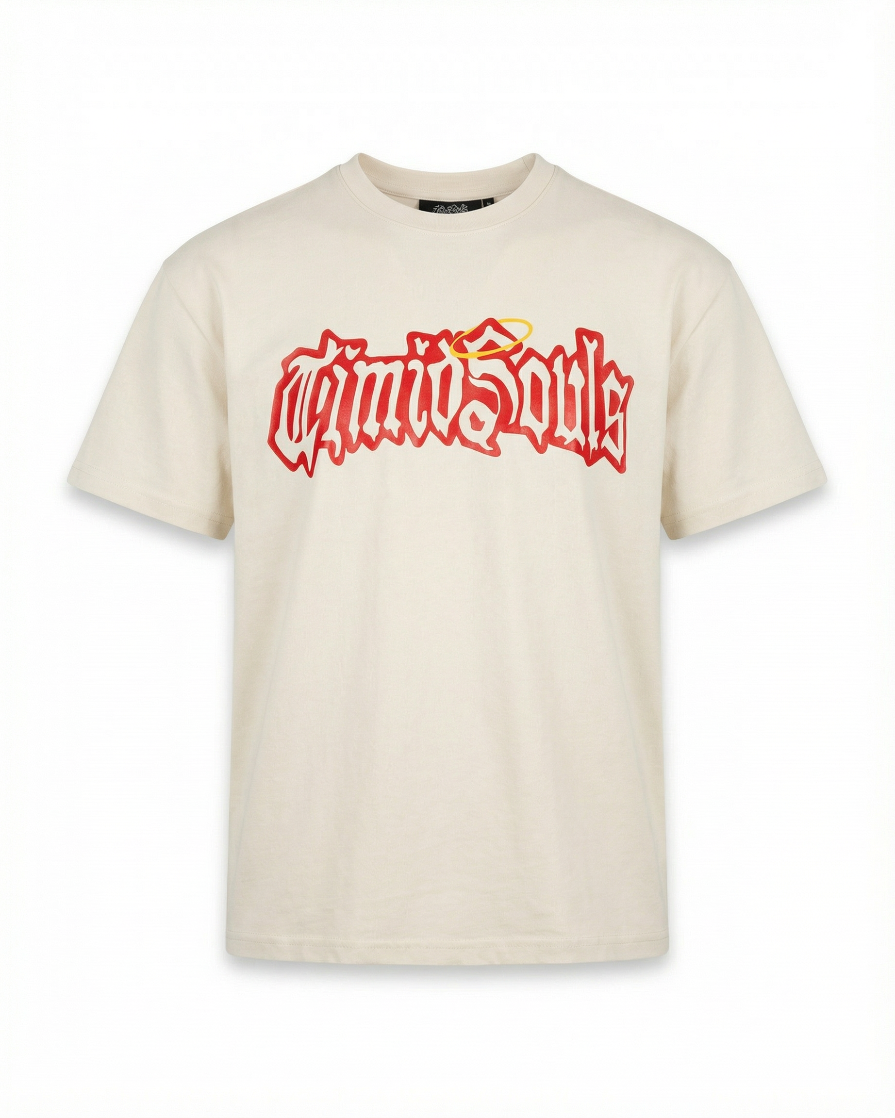 Beige t-shirt with red and black graphic design on a white background