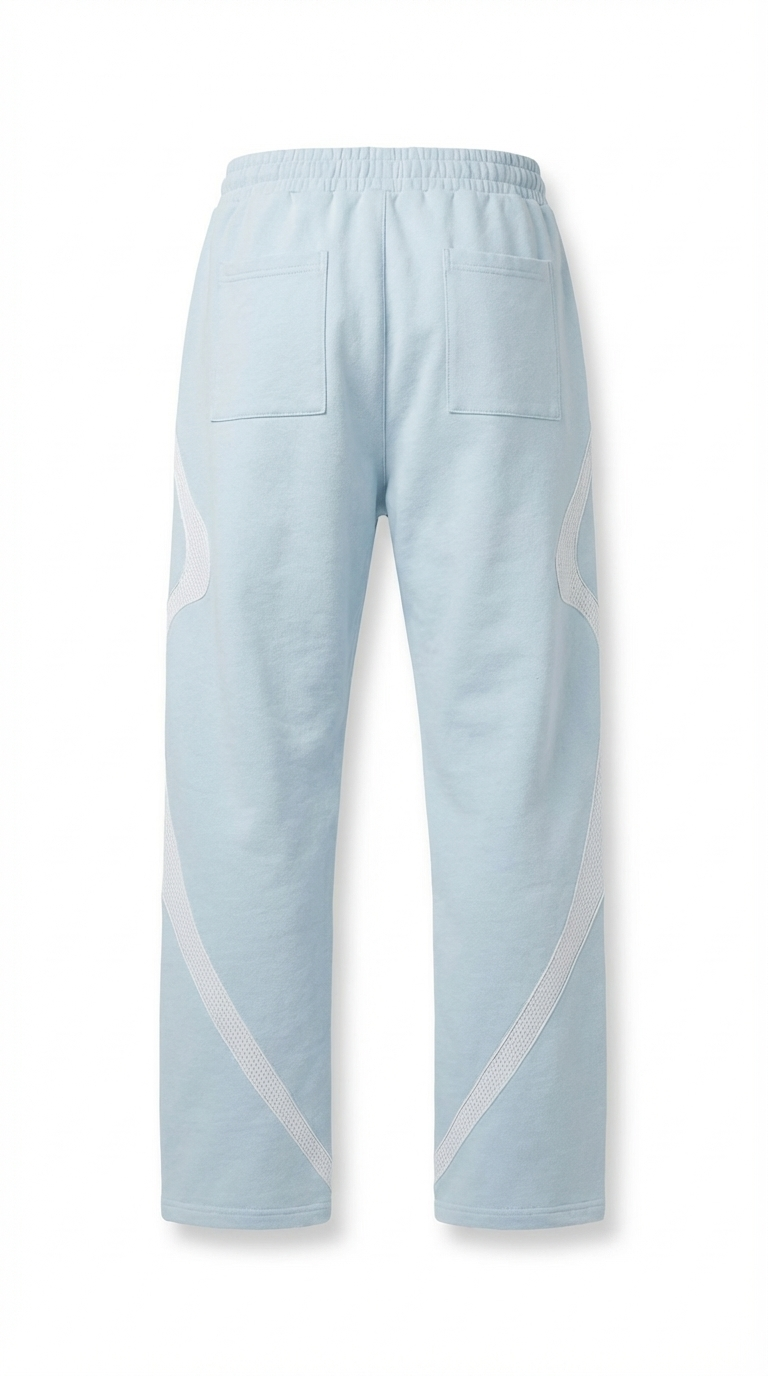 Light blue pants with white stripes on a white background