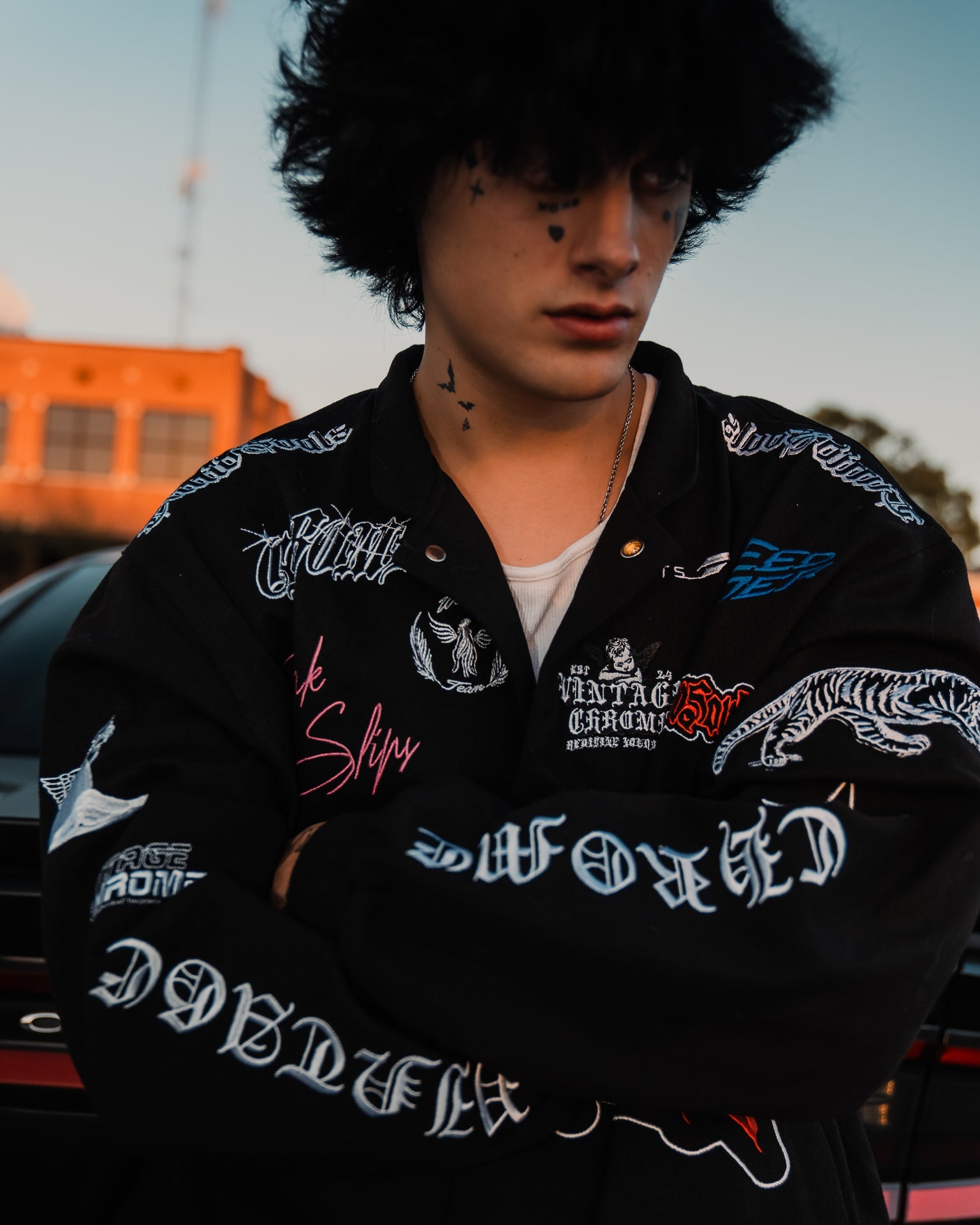 Person wearing a black jacket with various embroidered designs against a blurred outdoor background