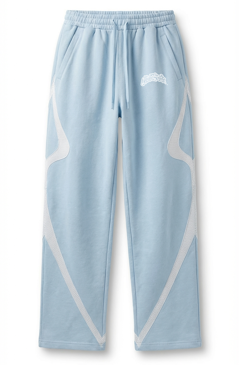 Light blue athletic pants with a logo on a white background