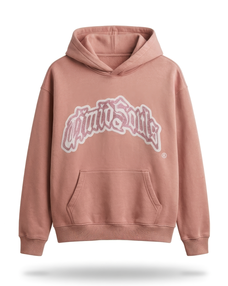 Pink hoodie with a logo on a white background