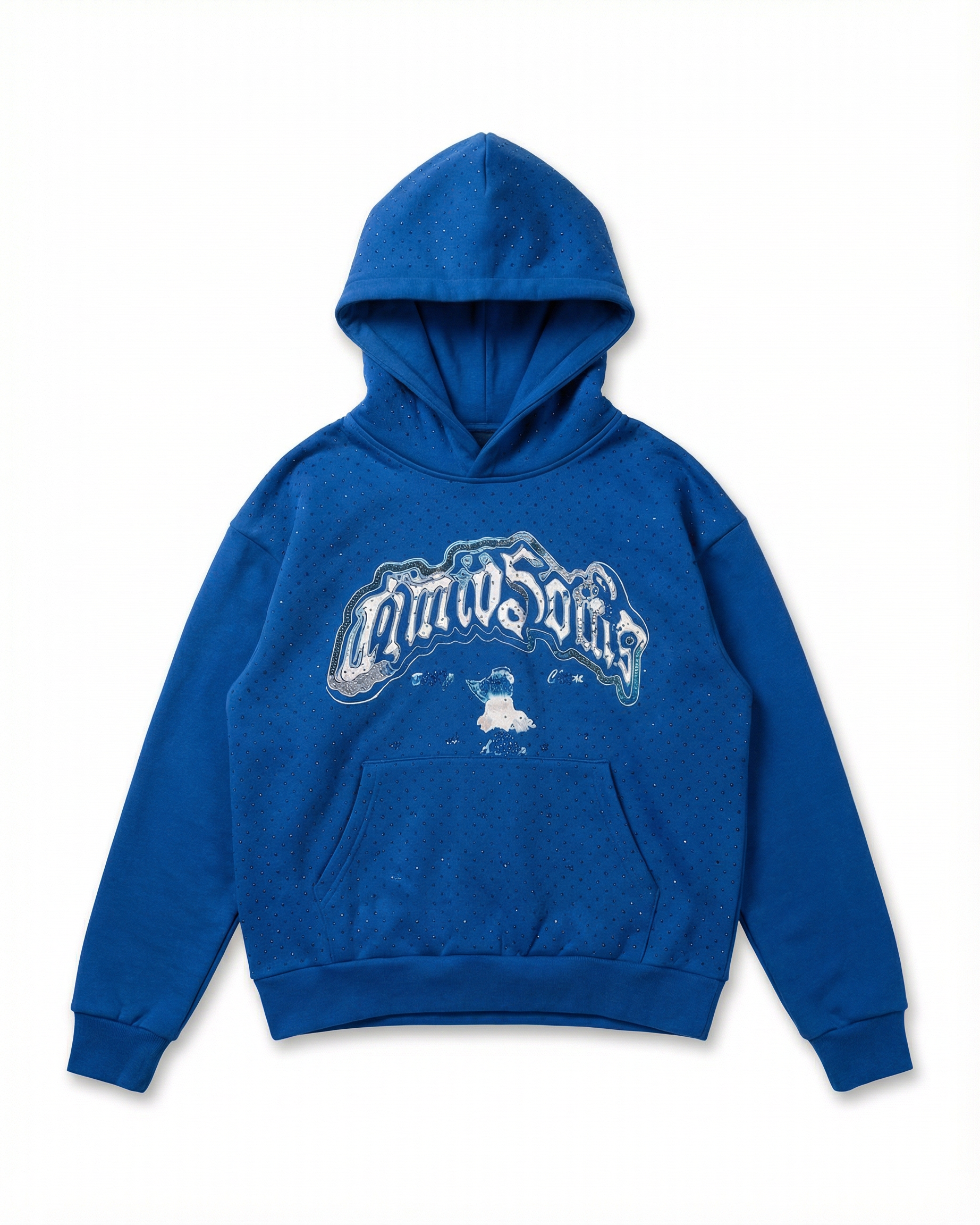 Blue hoodie with a graphic design on a white background