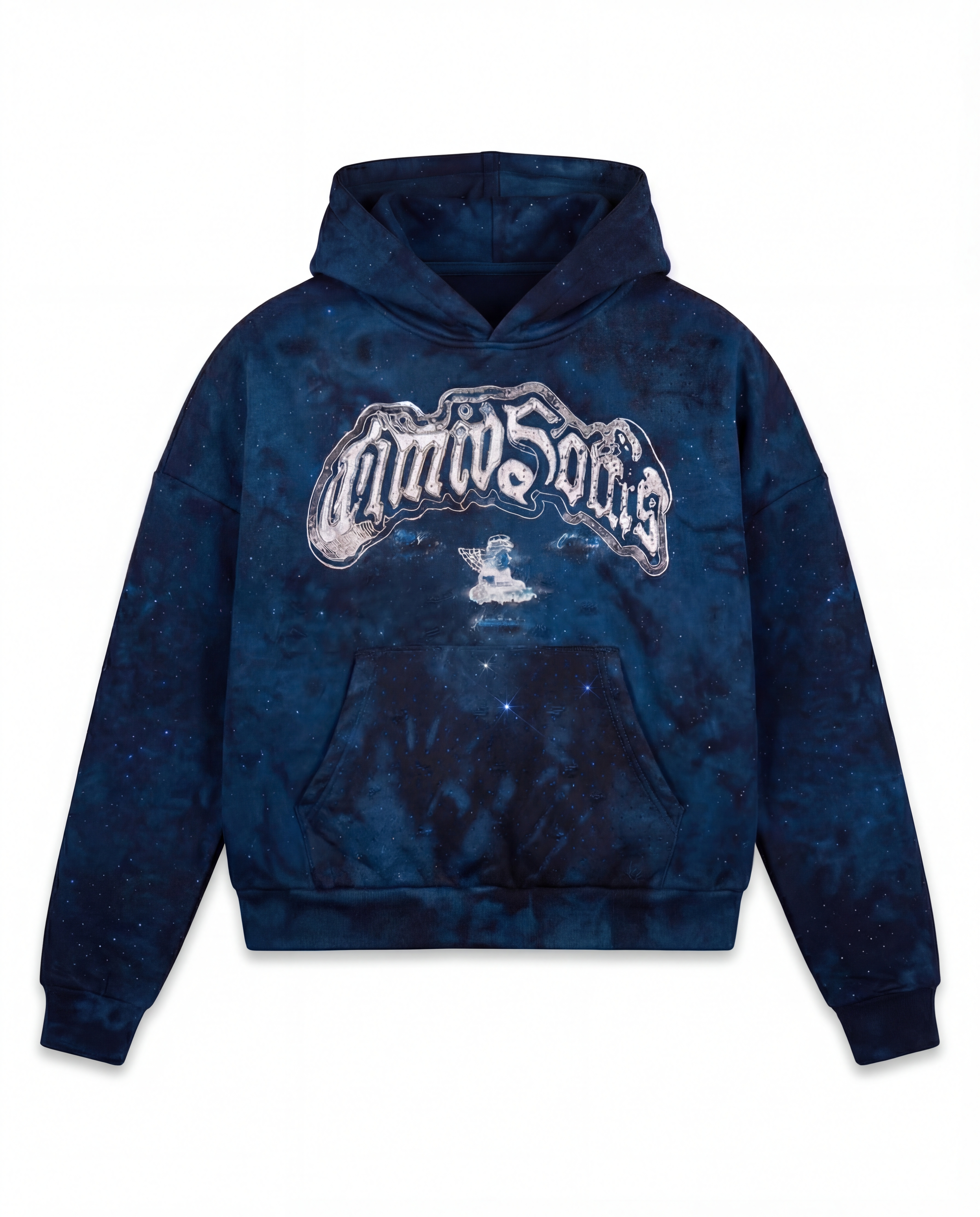Black hoodie with white text on the back against a white background